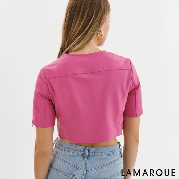 LAMARQUE **NWT** Kirsi Super Pink + Gold Cropped Short Sleeved Biker Jacket - Picture 6 of 9